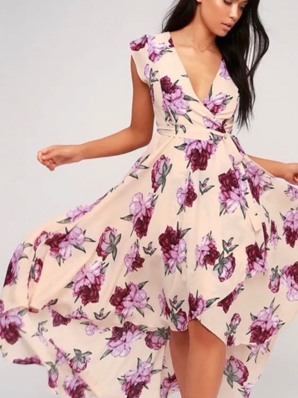 Lulu's French Countryside Floral Wrap High-Low Maxi Dress